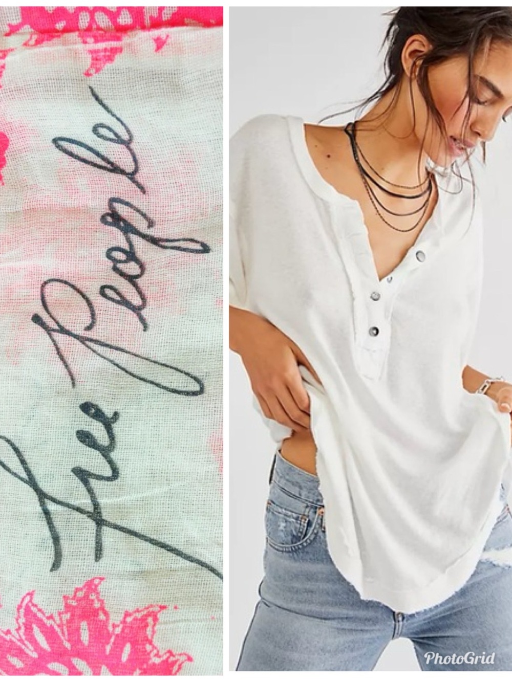 Free People Cream Button oversized Henley Short Sleeve Top